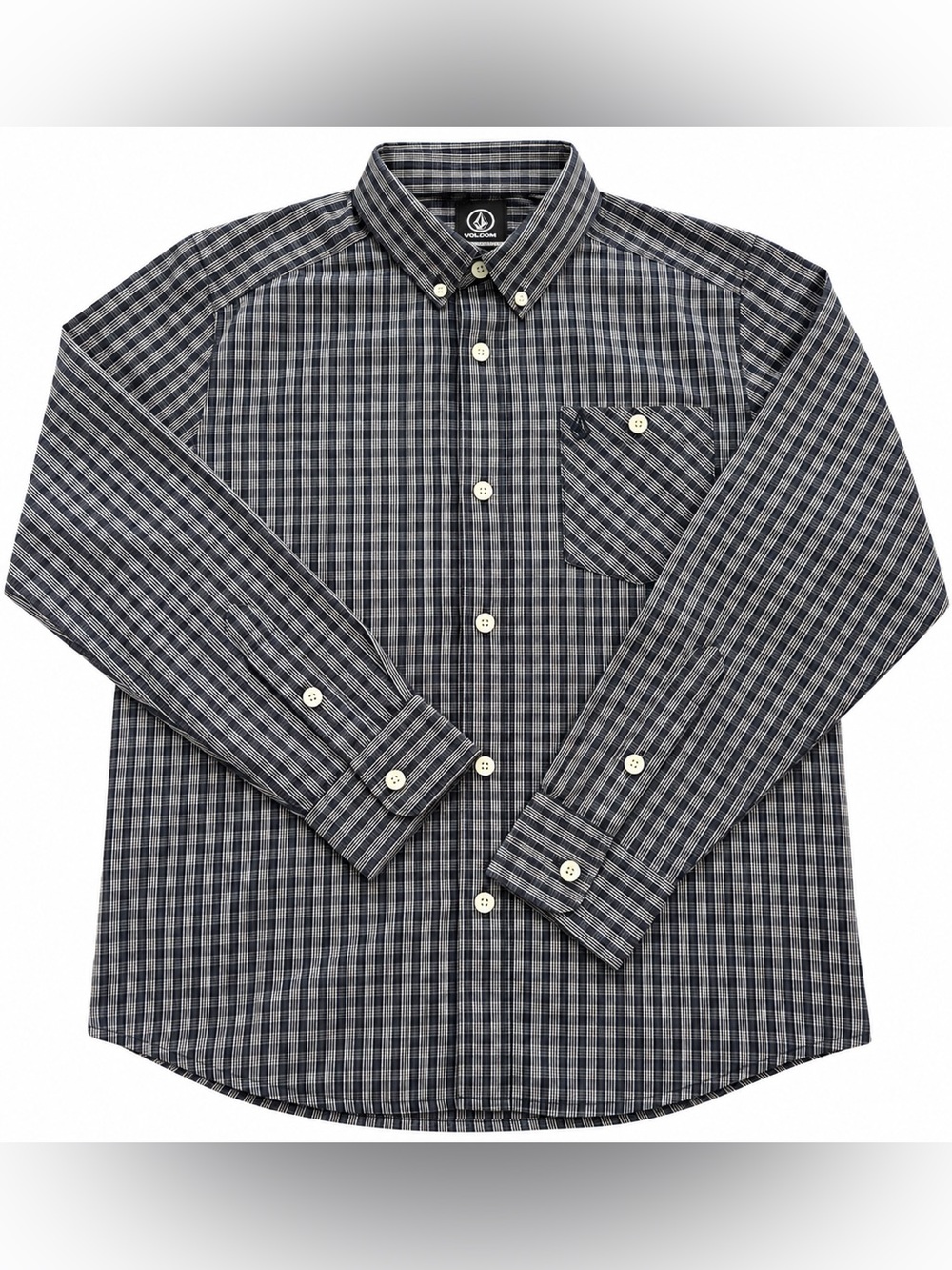 Volcom Boys Plaid Long Sleeve Button Down Shirt Size L 12Y Black Gray